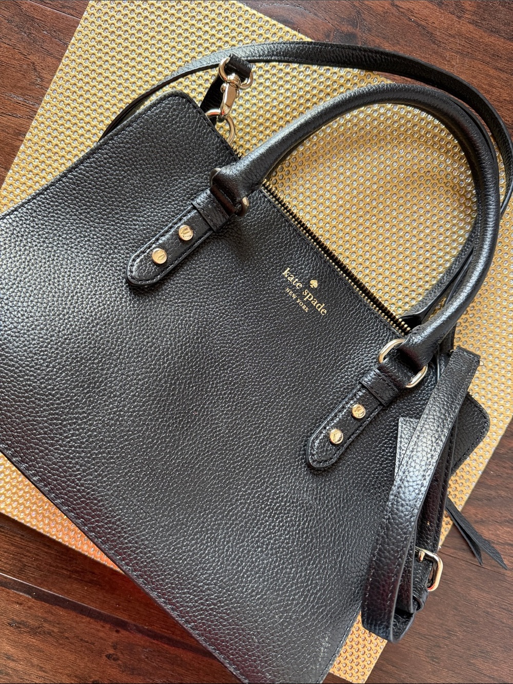 kate spade black pebbled leather tote with gold logo